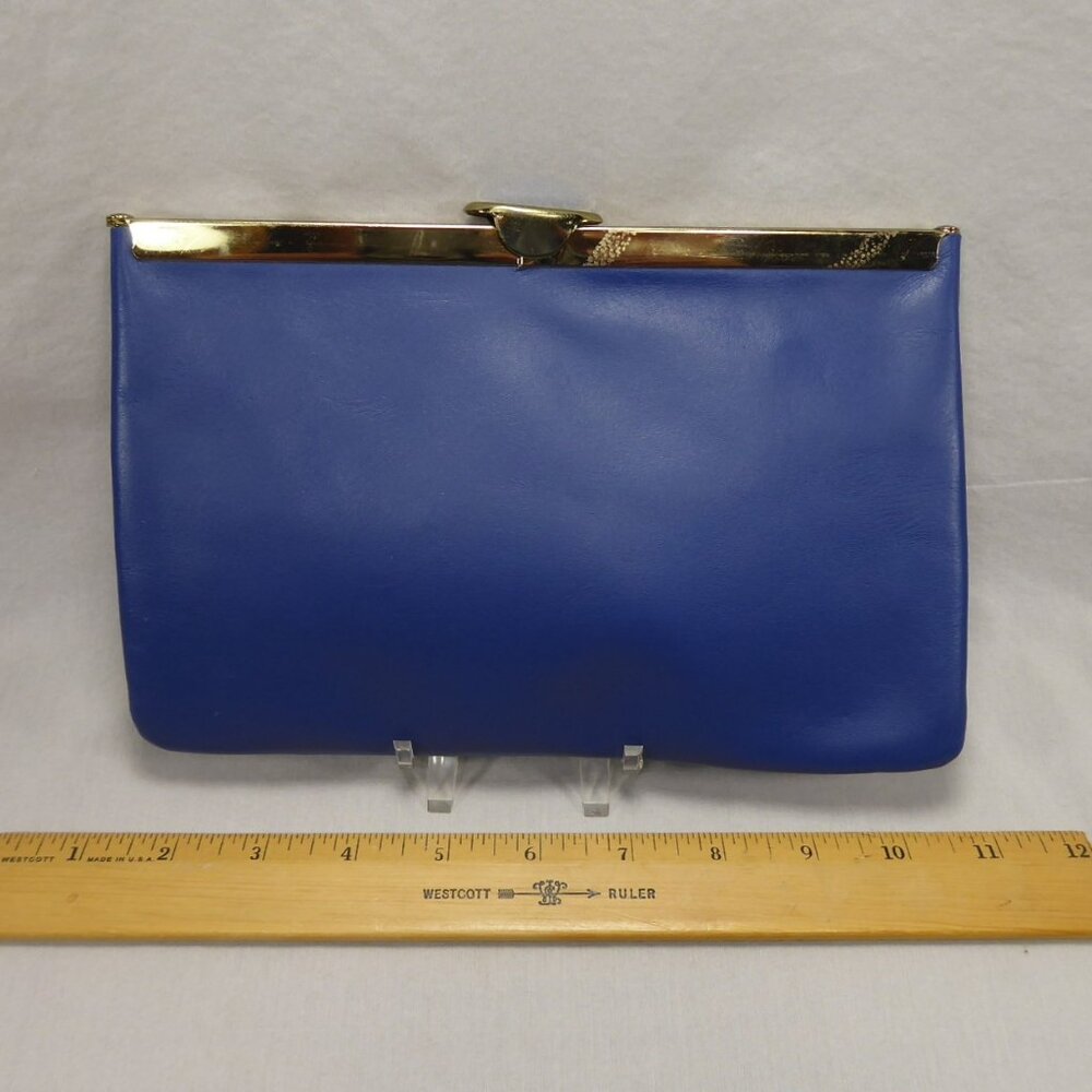 Vintage 50s 60s ETRA Navy Blue Leather Clutch Purse Evening Bag Gold Chain Strap - Picture 11 of 11